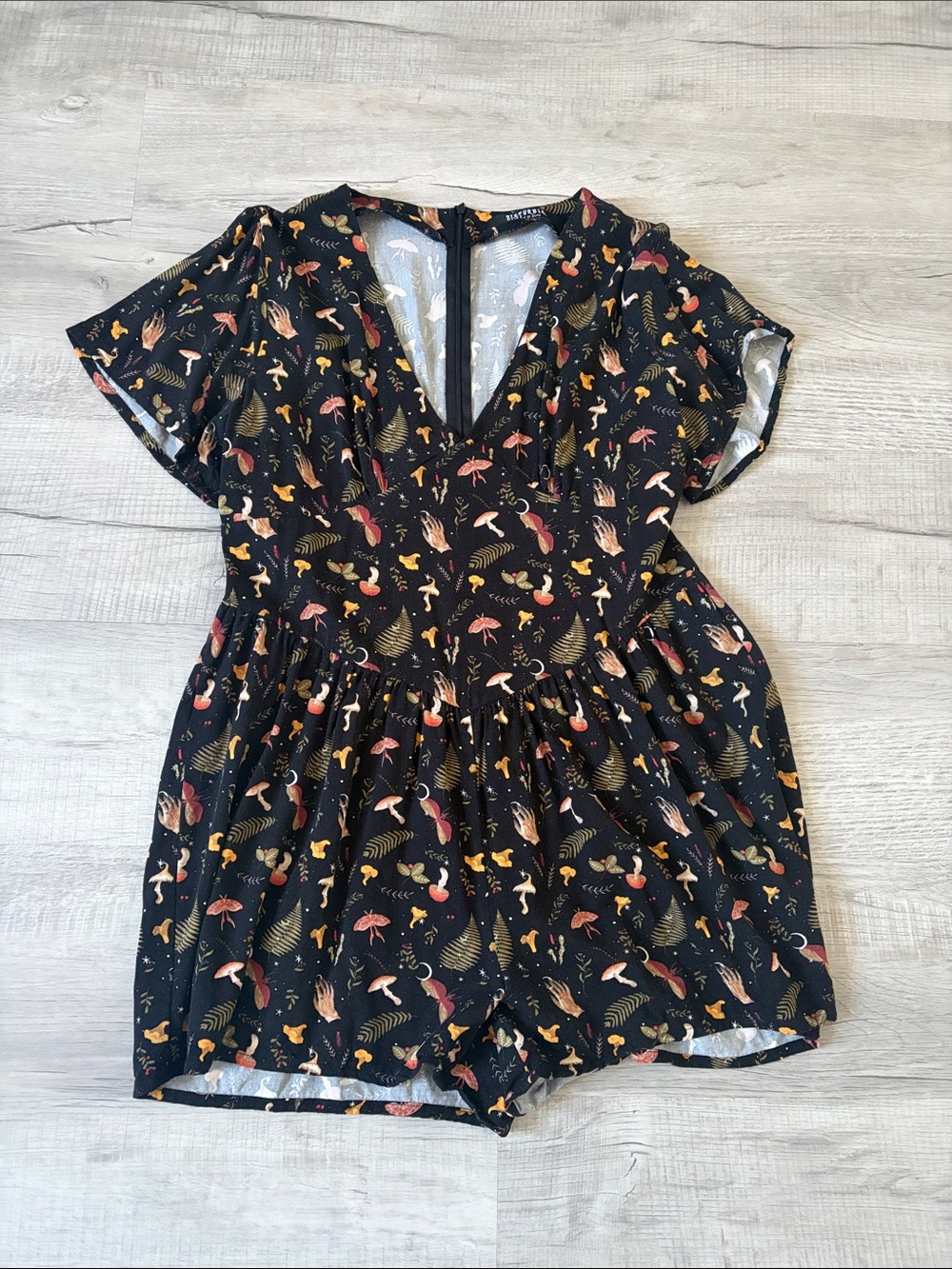 Disturbia Black Mushroom & Leaf Print Romper with V-Neck